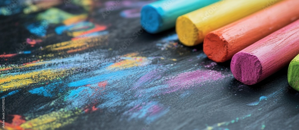 Aufkleber Chalkboard with Colorful Chalk Sticks and Vibrant Marks Creating an Inspiring Space for Creative Ideas and Text Input