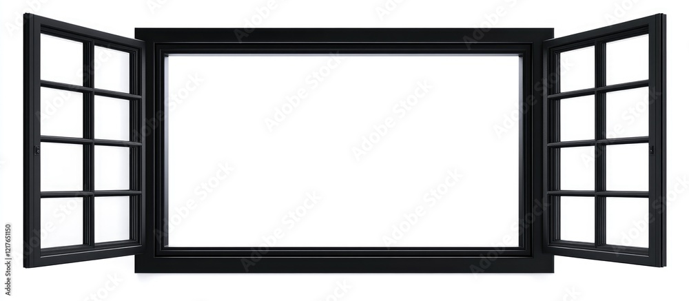 Poster Black Window Frame with Opened Casements on White Background Ideal for Text and Design Placement