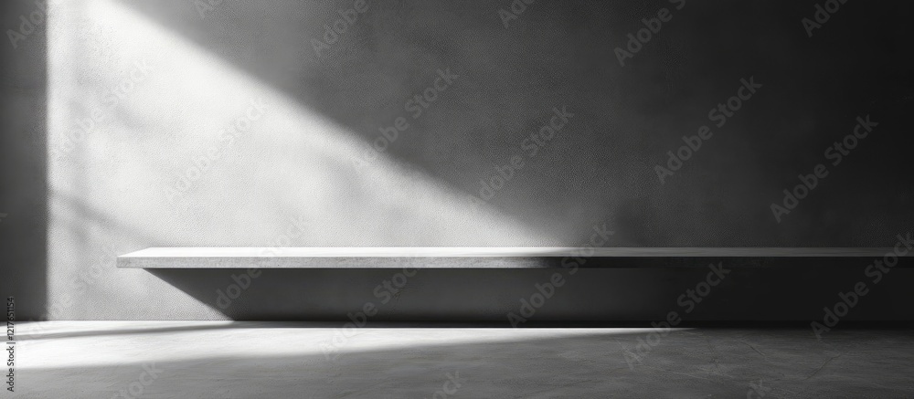 Poster Minimalist workspace design featuring a sleek table and laptop against a soft grey wall with ample blank space for customization.