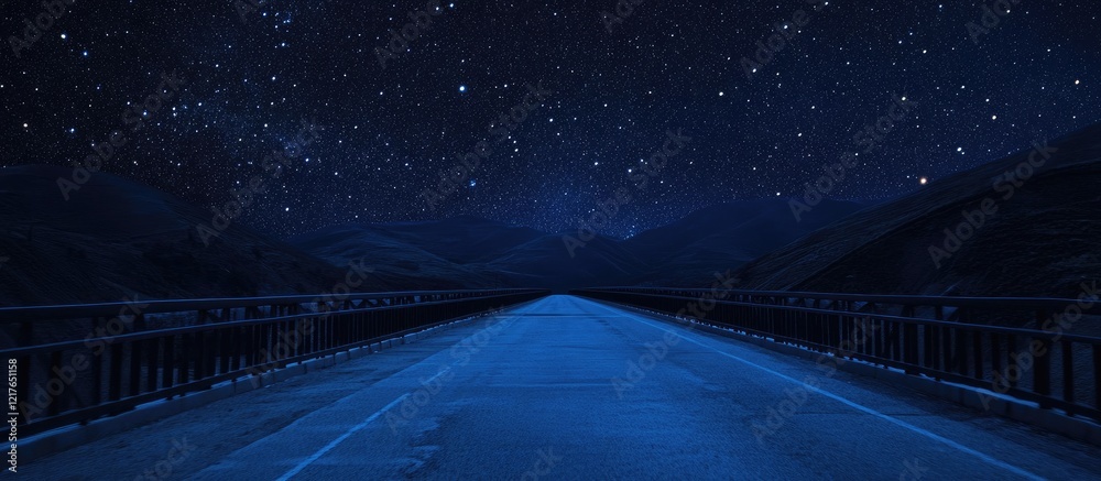 Poster Nighttime bridge with starry sky showcasing blurred car motion and ample space for adding text or graphics.