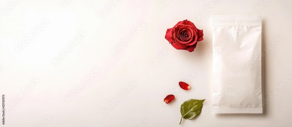 Poster blank coffee bag pouch with red rose and petals on white background ideal for product presentation a