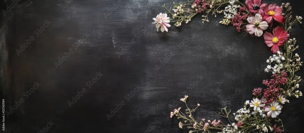 Poster boho floral wreath chalkboard background with ample copyspace for celebrations and text overlays