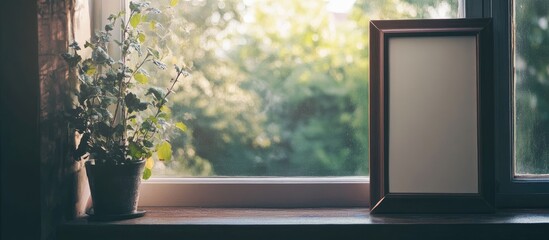 Black wooden frame mockup on windowsill with natural light and greenery providing empty space for text and decorative elements