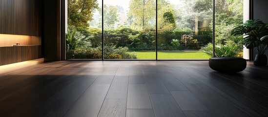 Fototapeta premium Modern interior of bright empty room with dark wood floor and large windows showcasing serene garden views ideal for rental property design.