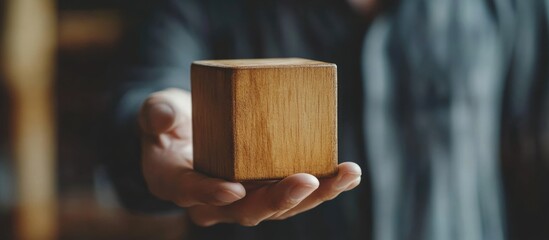 Businessman presenting wooden block symbolizing strategic choices in investment and digital marketing planning with space for text overlay
