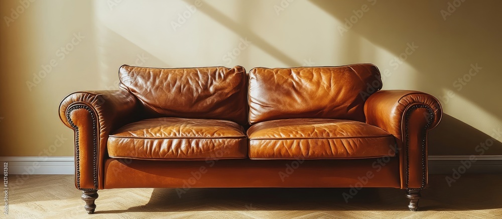 Poster cozy leather sofa in sunlit living room with empty space for text or branding in stylish interior de