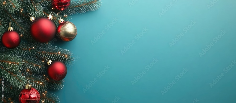 Aufkleber blank greeting card on christmas tree background with red ornaments and space for personalized messa