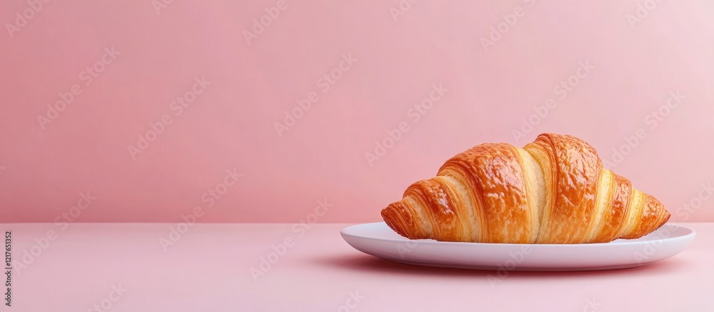 Poster minimalist kitchen decor featuring a single fresh croissant on a plate against a soft pink backgroun