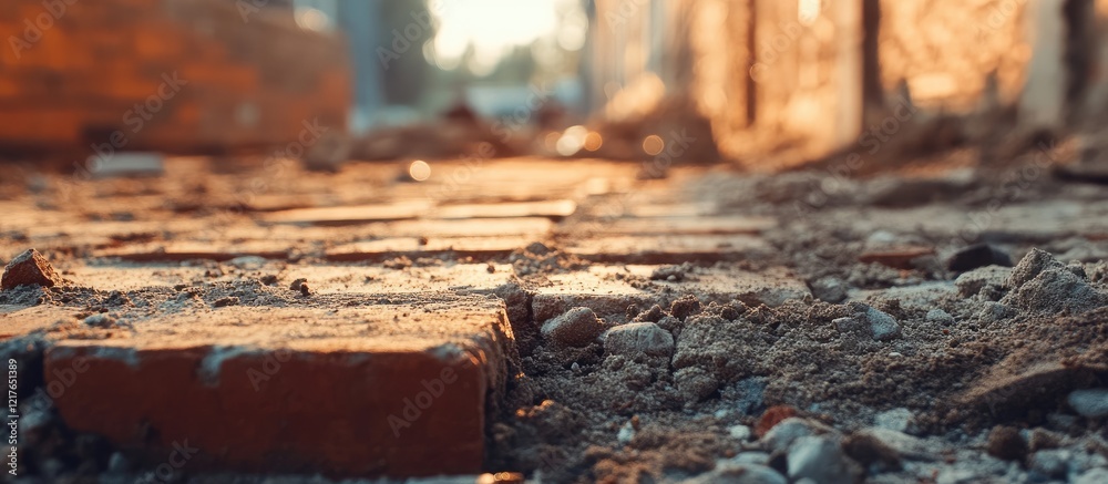 Aufkleber Detailed close-up of bricks on a construction site with soft lighting and empty space for text or branding elements.