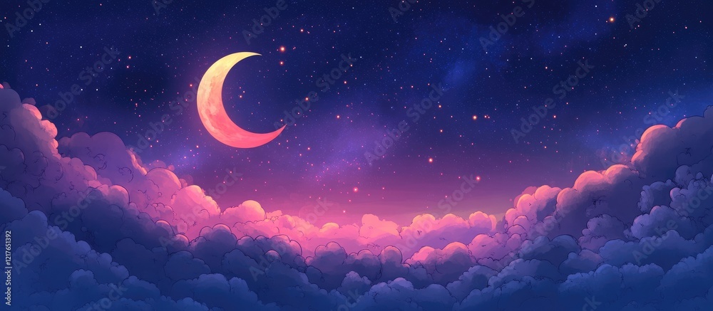 Aufkleber Serene Crescent Moon Illuminating Night Sky with Soft Clouds and Spacious Area for Text or Design Elements