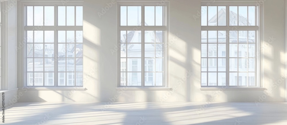 Aufkleber Spacious modern office featuring large windows illuminating empty space for design and text placement in a bright atmosphere.