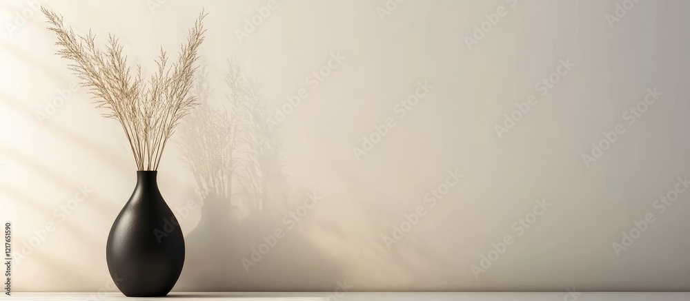 Poster elegant black vase with dried plants on minimalist white background for home decor display and custo