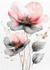 gray and pink watercolor flowers with gold patterns on white background, floral illustration