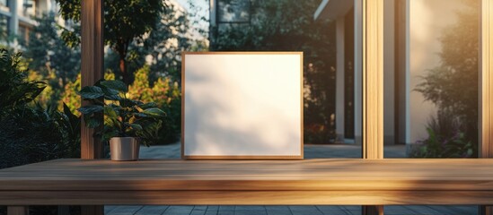 Blank Canvas on Wooden Table Outside a Home with Natural Light and Greenery Providing Copyspace for Text or Promotional Content
