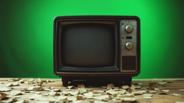 Vintage retro television with a blank screen placed on a rustic wooden table.