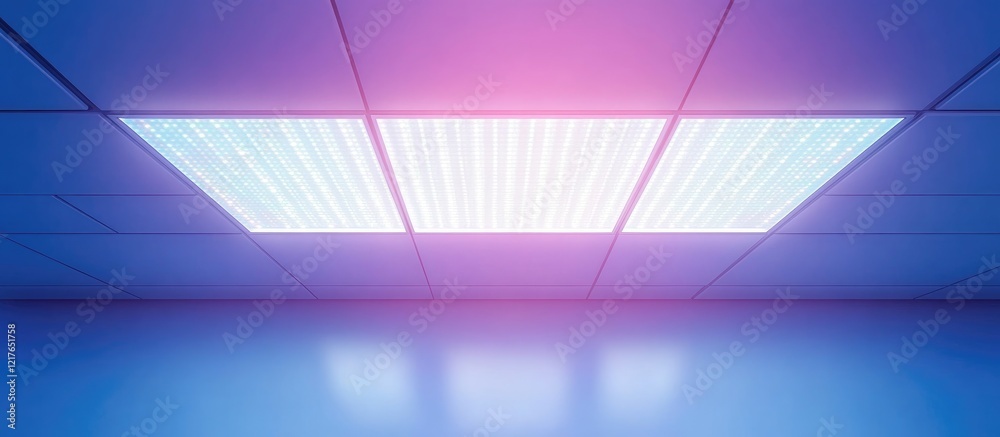 Poster Modern fluorescent light panel with gradient glow and empty space for text in contemporary interior setting.