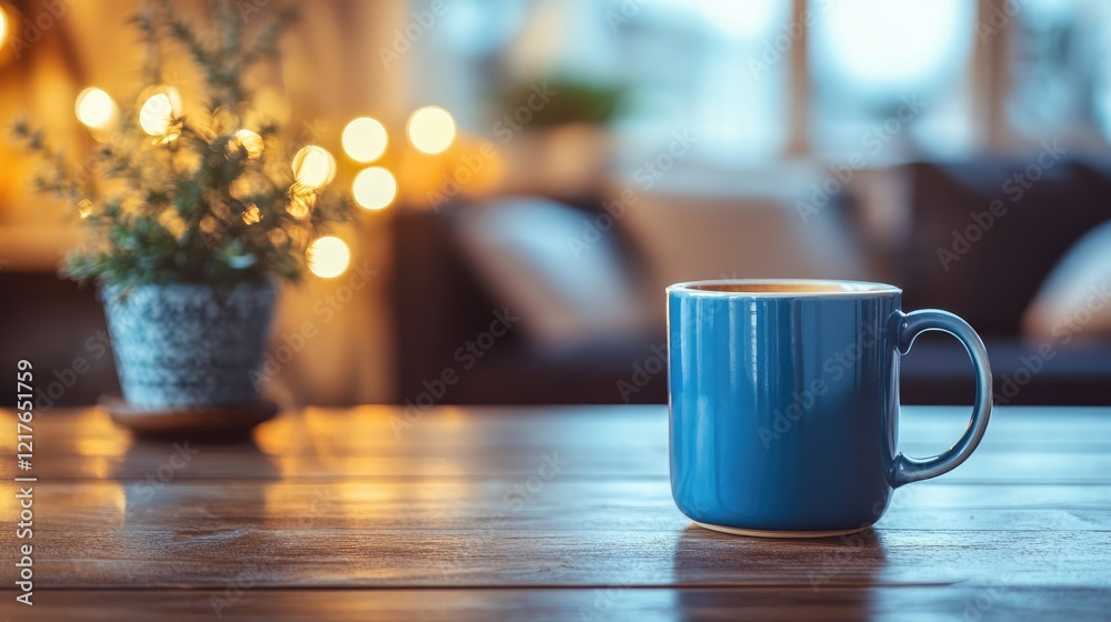 Aufkleber Cozy desktop setting featuring a blue mug on wooden surface with blurred warm room ambiance creating inviting atmosphere and empty text space