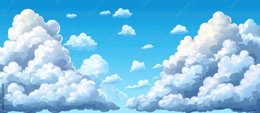 Poster Expansive blue sky featuring fluffy white cumulus clouds with ample copy space for creative text and design applications