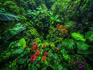Lush tropical rainforest overhead shot. Vibrant green foliage with pops of red and orange flowers. Ideal for travel, nature, environmental, and botanical themes.