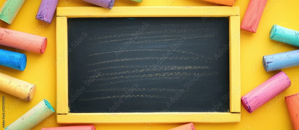 Aufkleber Chalkboard Frame Surrounded by Colorful Chalk on Vibrant Yellow Background with Space for Text and Creative Ideas