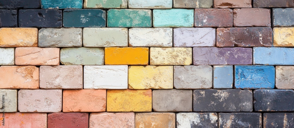 Poster colorful brick wall texture featuring diverse shades of bricks with ample empty space for text place