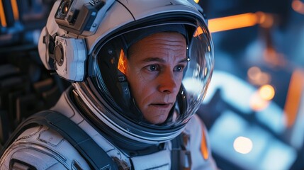 Astronaut in Space Station Portrait Showcasing Advanced Suit and High-Tech Environment