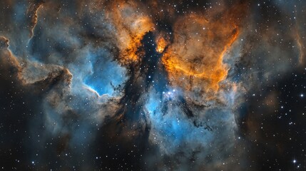 Obraz premium Cosmic Nebula with Bright Orange and Blue Gas Clouds Against Starry Background Copy Space