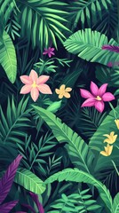 Lush Tropical Foliage With Vibrant Flowers