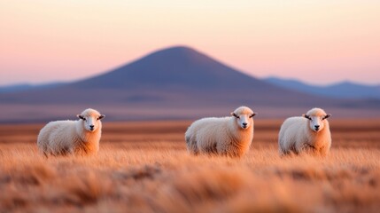 Three sheep stand in a golden field with a soft mountain backdrop during sunrise, capturing a serene rural landscape.
