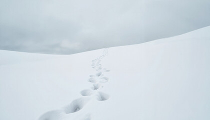 Footprints in fresh snow leading towards a cloudy horizon