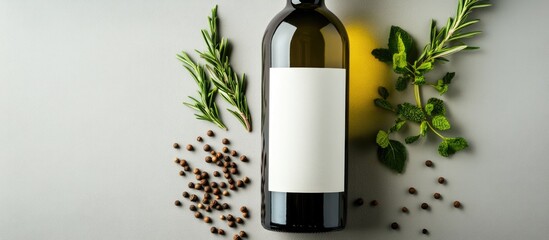 Blank wine label surrounded by fresh herbs and peppercorns for culinary design and branding with ample copyspace for creative text