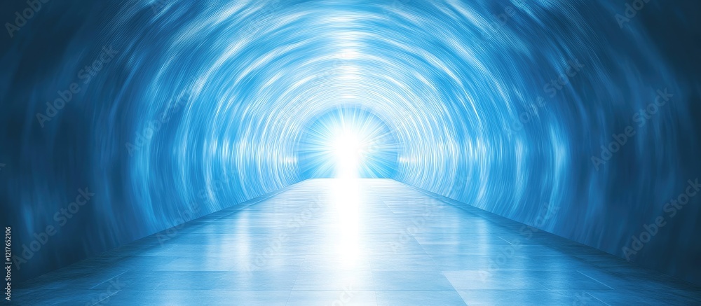 Poster bright blue light illuminating long white tunnel with space for text in a modern abstract design