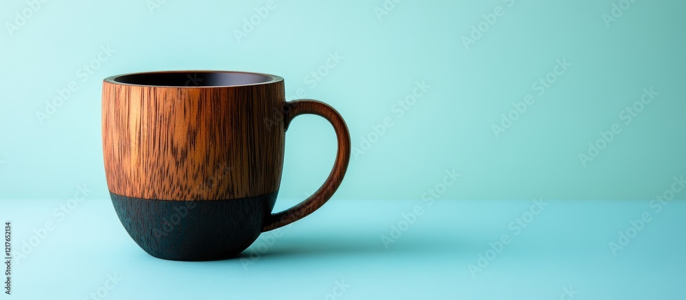 Poster black wooden cup on light blue background empty copyspace for custom text high quality stock photo f