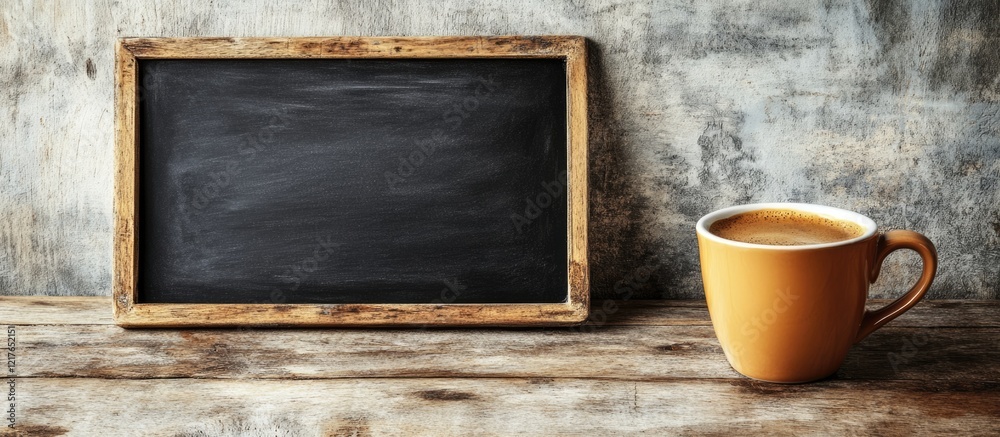 Poster Chalkboard on Wooden Table with Coffee Mug and Blank Space for Creative Text or Messages in a Rustic Setting