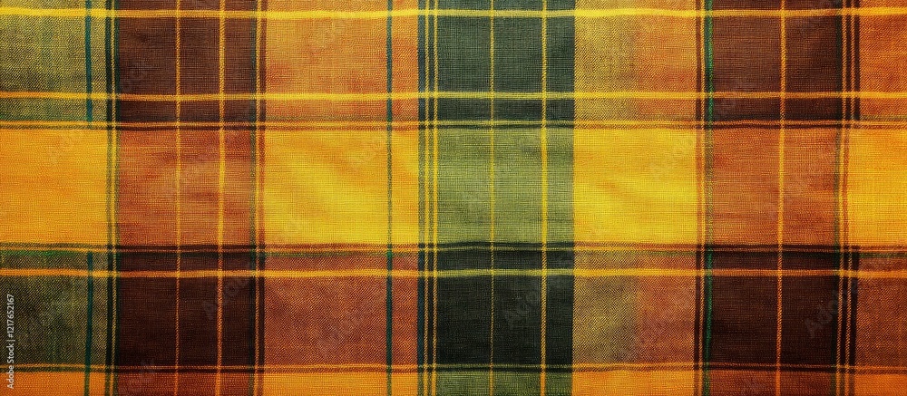Poster checkered plaid fabric texture in brown yellow green and orange with blank space for text placement 