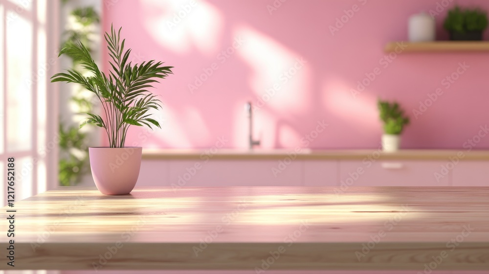 Aufkleber wood table with potted plant against pink wall and blurred kitchen background ideal for summer vibes