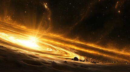 Fototapeta premium Golden swirling cosmic nebula in deep space with bright central light and rocky terrain in foreground, Copy Space available