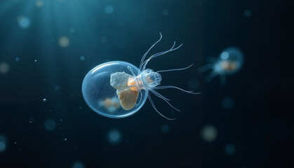 Microscopic zooplankton swimming in dark ocean waters, illuminated by light