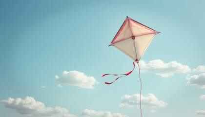 Colorful kite soaring in clear blue sky with white clouds, vibrant summer day, freedom, childhood memories concept