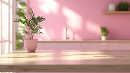 Wood Table with Potted Plant Against Pink Wall and Blurred Kitchen Background Ideal for Summer Vibes with Empty Space for Text