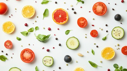 Colorful assortment of fresh fruits and vegetables arranged on white background promoting healthy eating and vegetarian meal options.