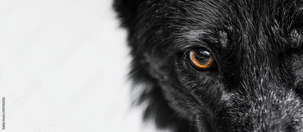 Poster Close up portrait of a black wolf showcasing its striking eye against a minimalist background with ample copyspace for text insertion