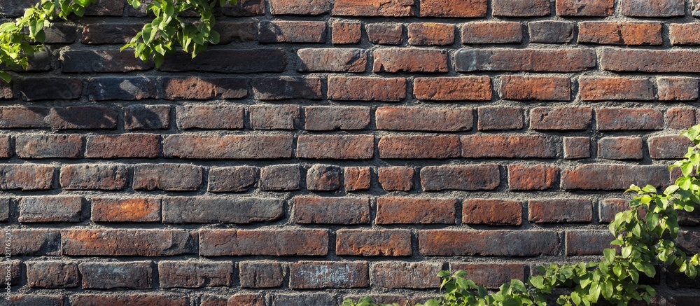 Poster blank wall advertisement space on rustic brick surface with greenery providing a natural frame for c