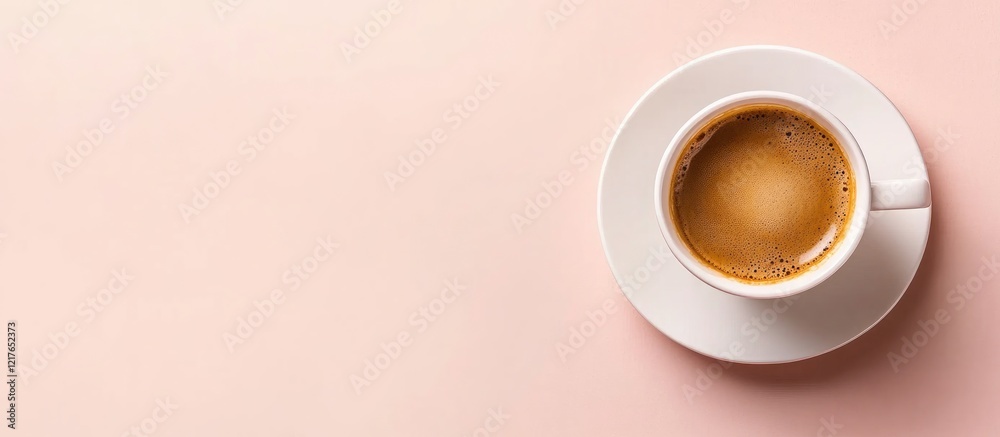 Poster Brewed Espresso Coffee in White Cup on Pink Background with Empty Space for Text and Branding Opportunities