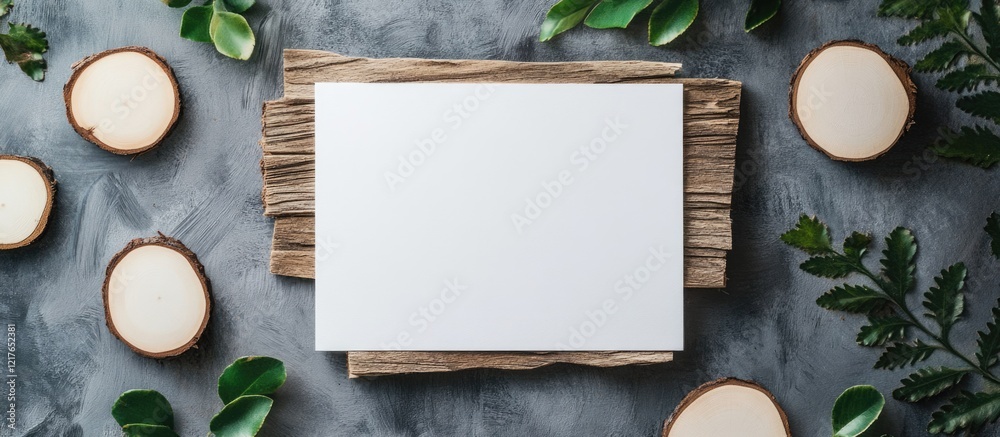Poster blank paper mockup surrounded by colorful wood stamped branches and natural elements ideal for custo