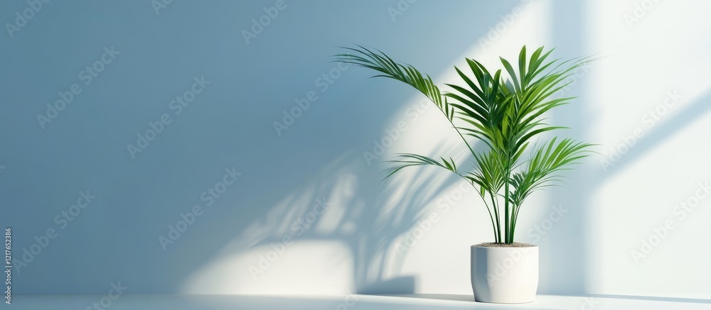 Aufkleber Bright and airy bedroom corner with a potted plant creating a serene atmosphere and ample empty space for creative text placement