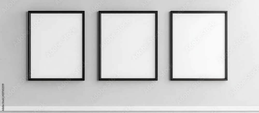 Poster modern living room interior featuring black vertical frame gallery with blank spaces for custom artw