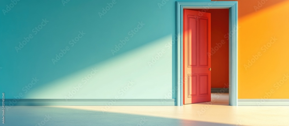 Poster Vibrant doorway in minimalistic room with colorful walls and ample space for text or artwork placement