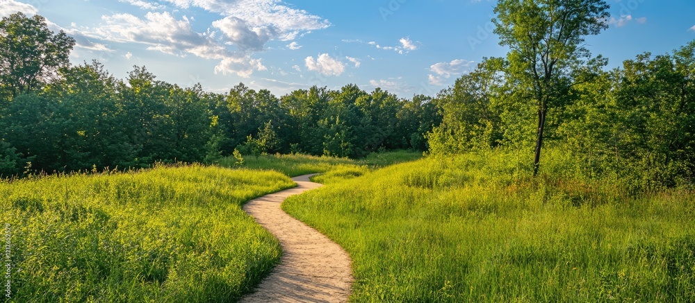 Poster scenic aerial view of serene bridle path through lush green forest in nature park with clear blue sk