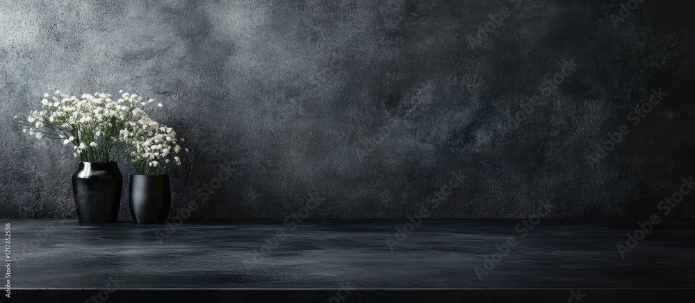 Poster Elegant black table against a textured background showcasing ample design space for artwork and text with decorative flower vases